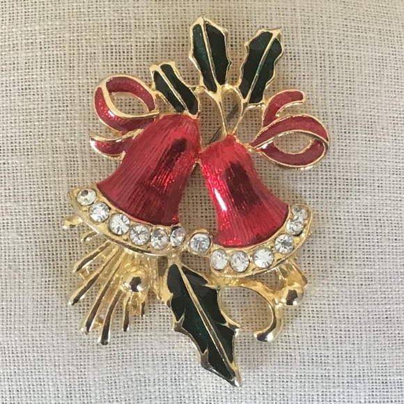 Large Vintage Holiday Pin Enamel & Rhinestone Bells Festive Gold Tone Red & Gree - Picture 4 of 11